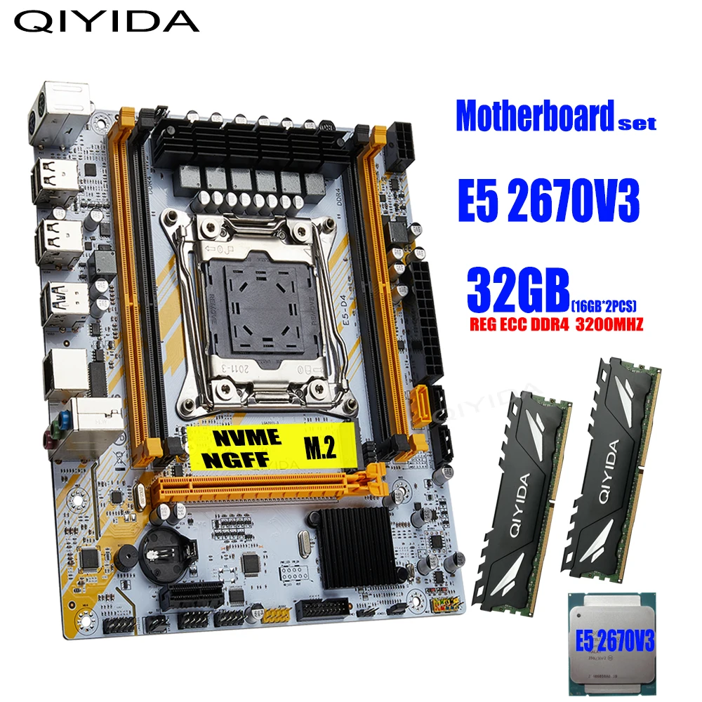 QIYIDA X99 Motherboard set LGA2011 3 kit With Xeon E5 2670 V3 CPU Processor and 32GB（16GBx2pcs) DDR4 RAM Memory NVME M.2 E5 D4