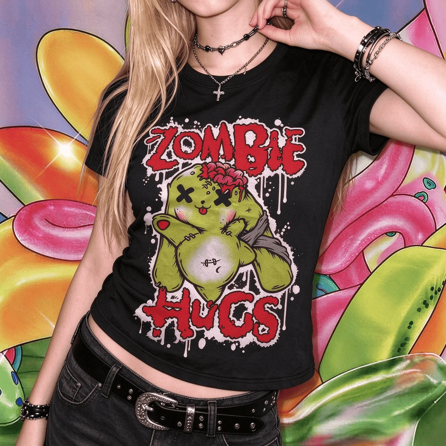 Women Top Y2k Clothing Anime Girl Y2k Tops Shoujo Girl Style Women's Slim Cropped T-shirts Zombie Hugs Zombie Bunny Cartoon Tee