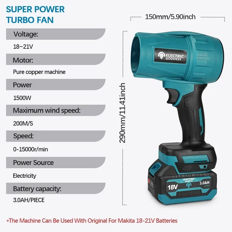 EGOD 1500W Electric Turbo Blowers Fan 200M/S 15000RPM Powerful Automotive Home Handheld Dust Blower Tool For Makita 18V Battery