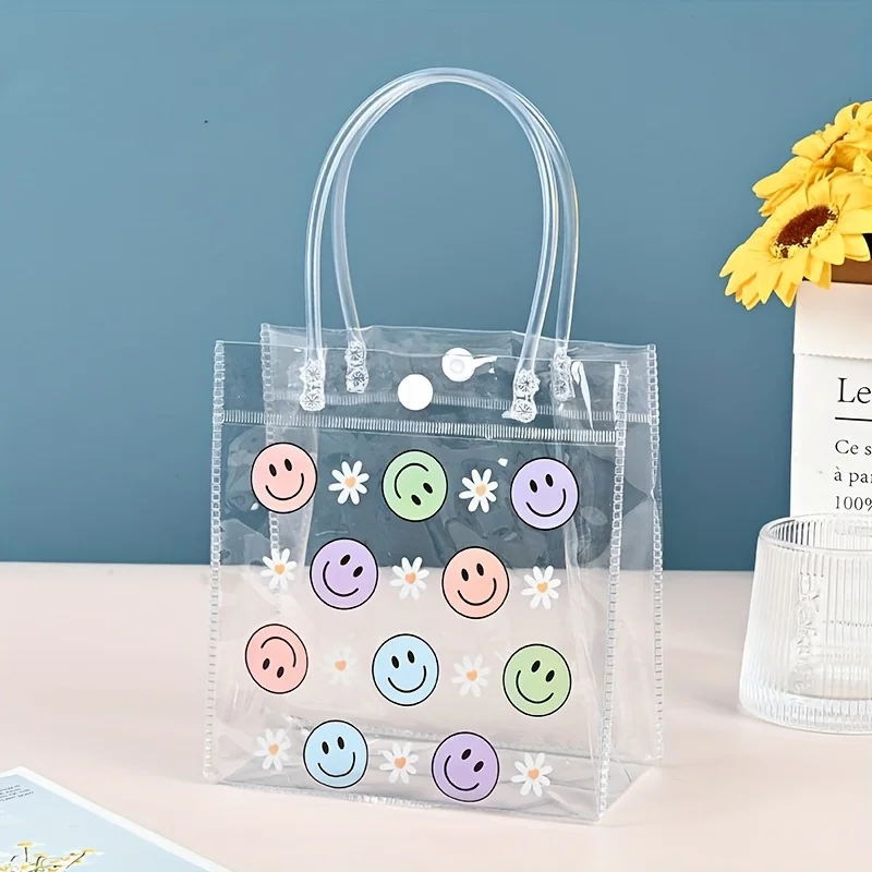 6 Stück Bunte Geschenktüten mit Lächelndem Gesicht & Blumenmuster aus Transparentem PVC mit Robusten Weißen Griffen für Frühling, Hochzeit, Geburtstag und Partys