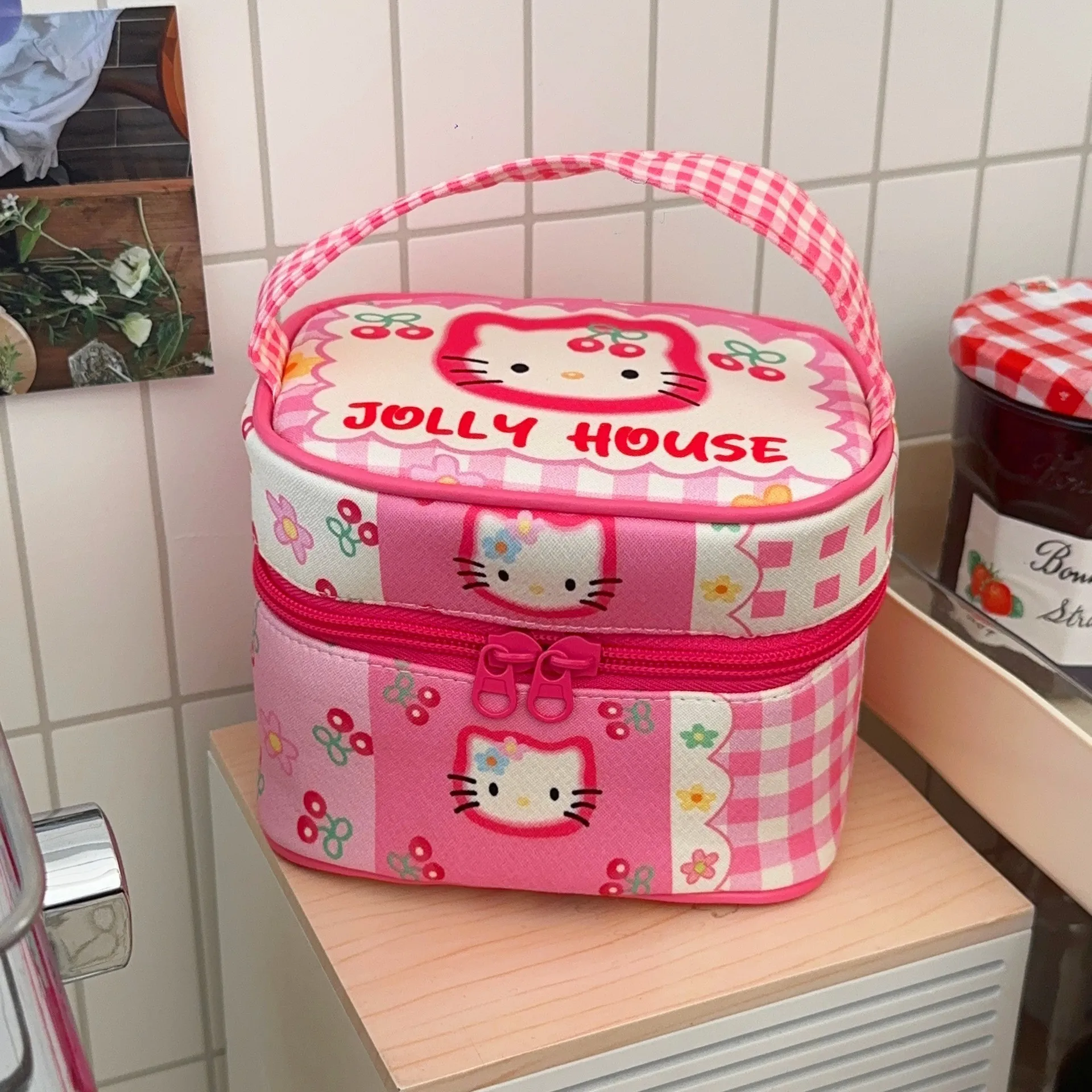 

Sanrio Hello Kitty Pink Cherry Plaid Cosmetic Bag Cute Portable Makeup Case Gift