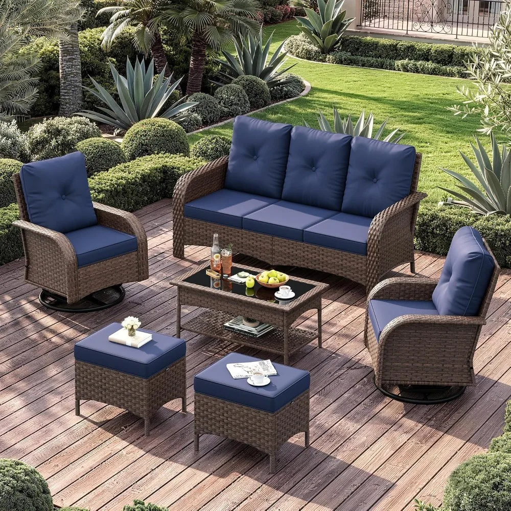High High Back Wicker Patio Sofa Set with 2 Swivel Rocker Chairs Thick Cushion Ottoman for Garden Porch, Custom - Aliexpress Deal