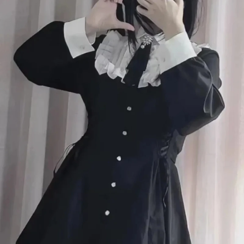 

Y2k Japanese JK Lace Ruffle Bow Mini Dress + Safety 2025 Summer Women Panties Black Two Set Lolita Harajuku Suit dsff3