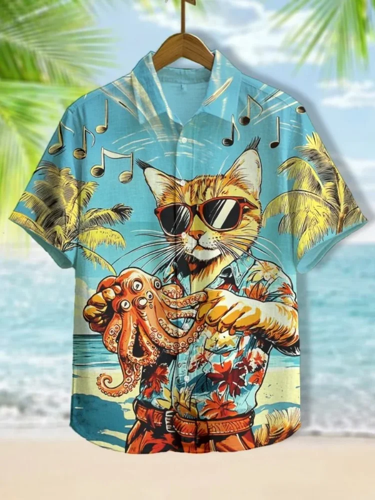 

Fashion Men's Shirt Japanese & Korean Vintage Hawaiian Cat Printed Beach Tops Beachwear Holiday Summer 2026 New Cartoon Tunics
