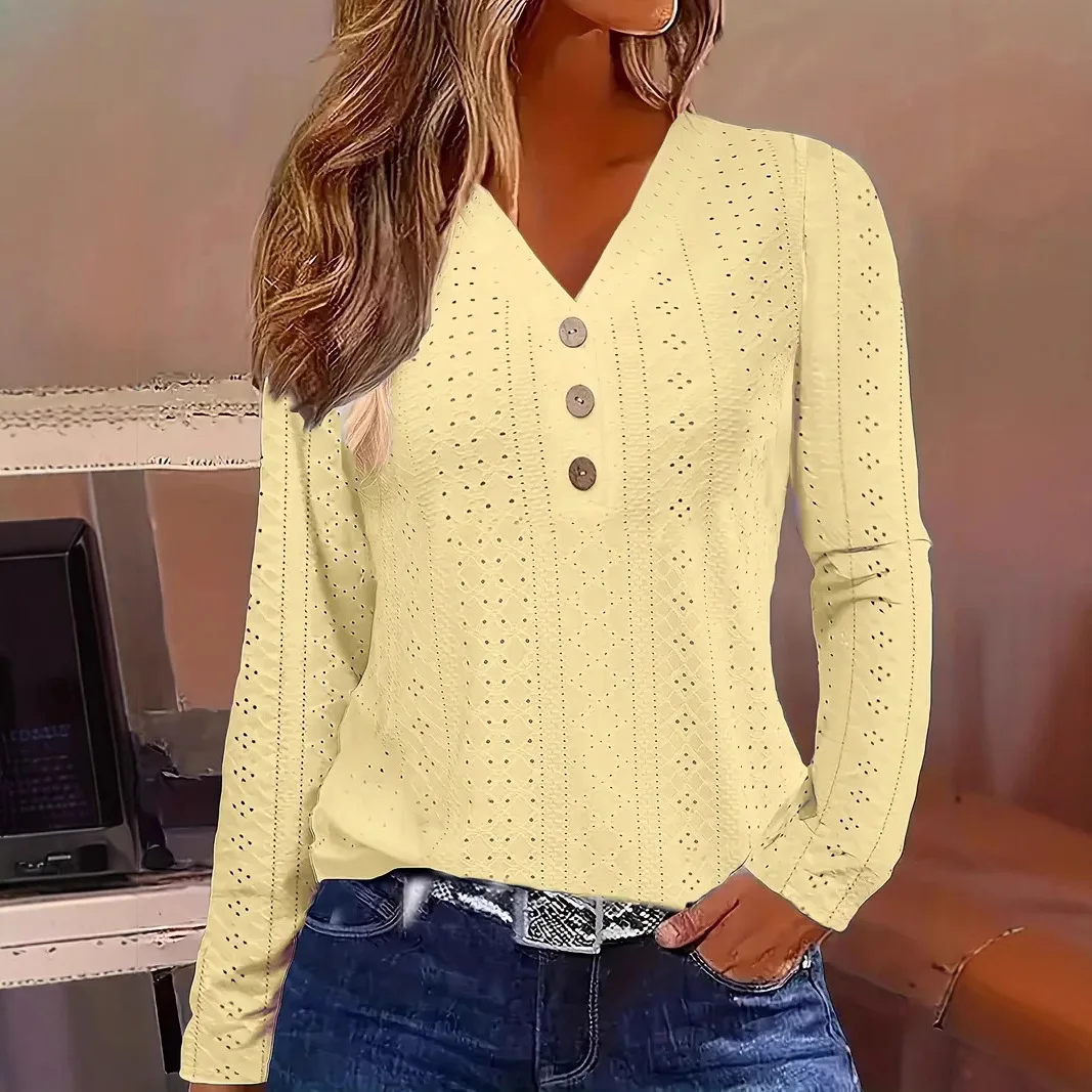 Y2K جديد الخريف والشتاء المرأة موضة الخامس الرقبة زر متابعة قميص عادية جوفاء الملمس بلون بأكمام طويلة #2