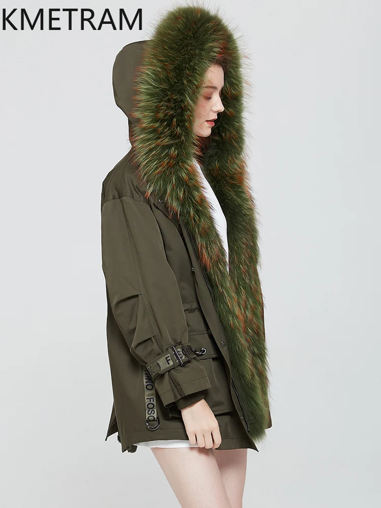 KMETRAM-Chaqueta Parka de piel de conejo Rex Natural con forro extraíble, abrigo de piel auténtica verde, ropa corta de moda para mujer de invierno 2025
