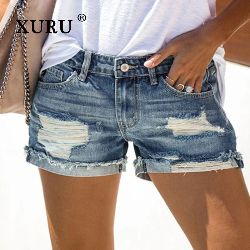 XURU-Distressed Jeans for Women, Trendy Shorts, High Waisted, Washed, European and American, Summer, New, K1-888