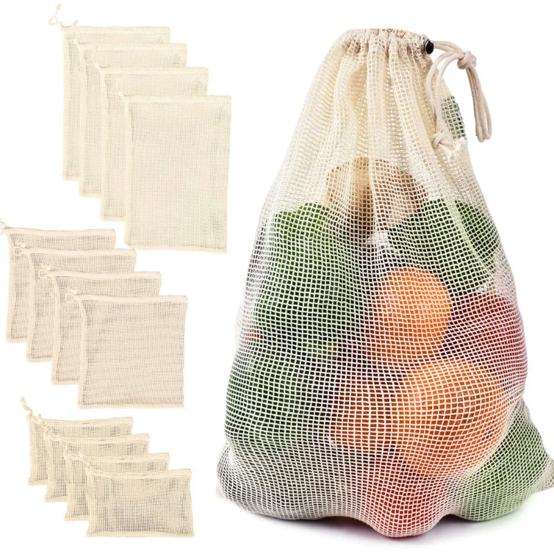 Bolsas de malla de algodón para verduras, frutas y verduras para almacenamiento de bolsa reutilizable, con cordón