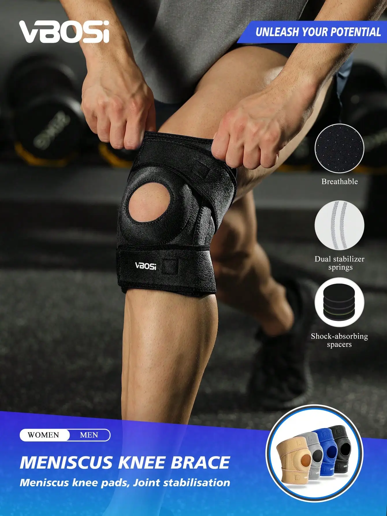 

VBOSI 1pc Adjustable Breathable Knee Brace, Patella Support, Unisex Fitness Accessories, Sports Knee Pad