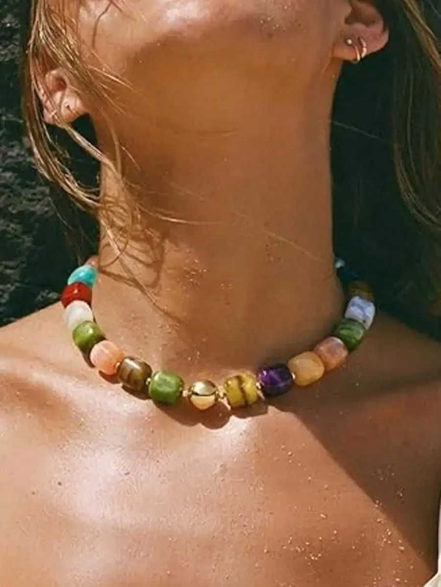 

Colorful Resin Bead Choker Necklace For Women Bohemian Summer Beach Style