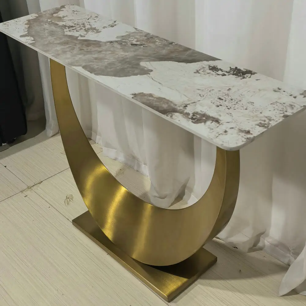 Handmade Luxury Console Table with Golden Stainless Steel Frame Sintered Stone Top for Entry Villa Hotel Living Room Cabinetspro