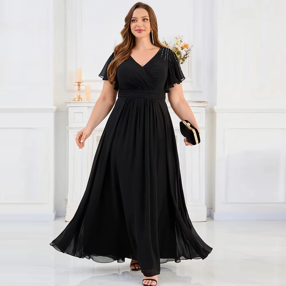 BAZIIINGAAA Party Dress Plus Size Short Sleeve Ruffle V-Neck Pleated A-Line Floor Length Evening Dresses 