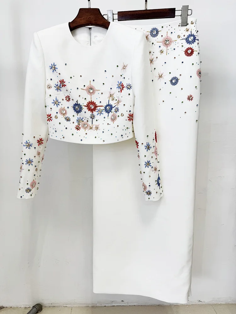 

Crystal Two Piece Dress Set Women Long Sleeve Jacket Coat Pencil Maxi Skirt Suits 2pcs Outfits Brand Formal Evening Long Dresses