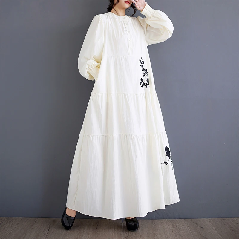 فستان أنيق متوسط الطول وفضفاض بياقة عالية وزخارف مطرزة بالزهور لموسمي الربيع والخريف، أزياء نسائية #1
