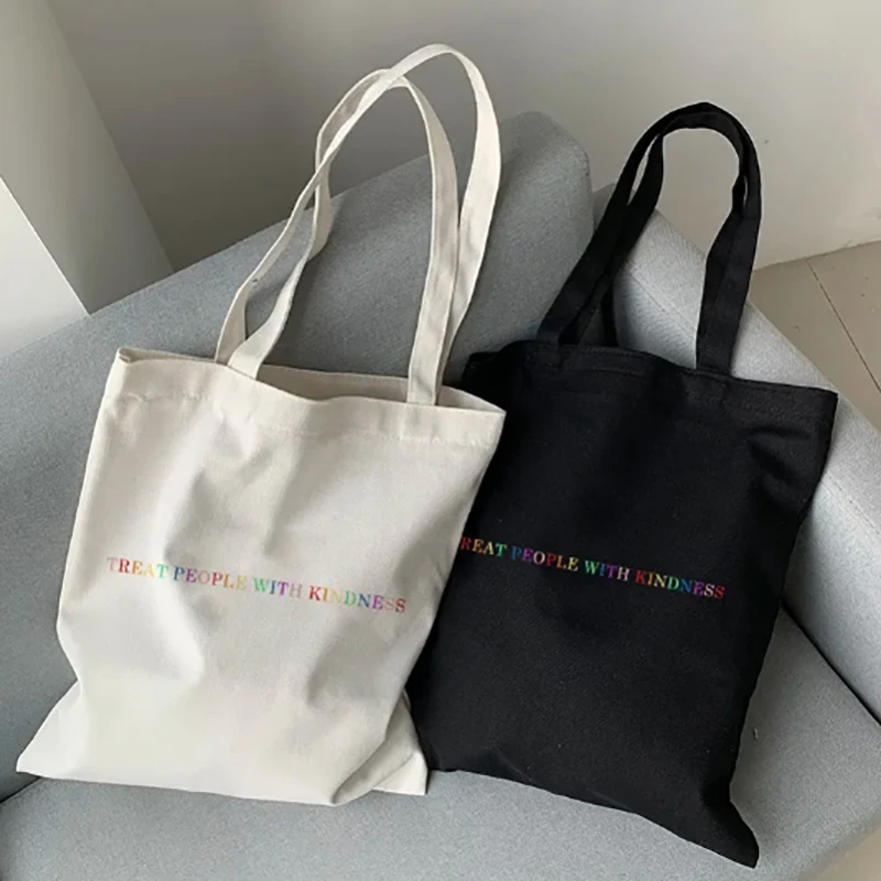 Casual Large Capacity Shoulder Bags Canvas Treat people with kindness letter Harajuku Print Ulzzang Fun Vintage Handbags