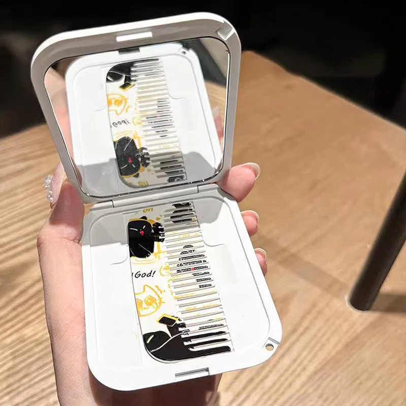 Specchio per trucco pieghevole flip-top modello gatto nero cartone animato Specchio cosmetico rettangolare con pettine per donna