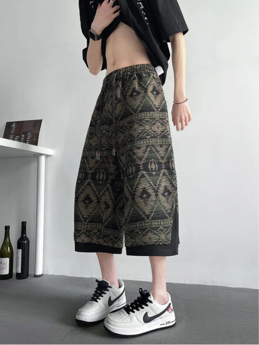 

Ethnic Sle Embroidered 7/8 Length Men's Summer plus Size Casual Pants Loose Wide Leg Trousers Trendy plus Size Faion