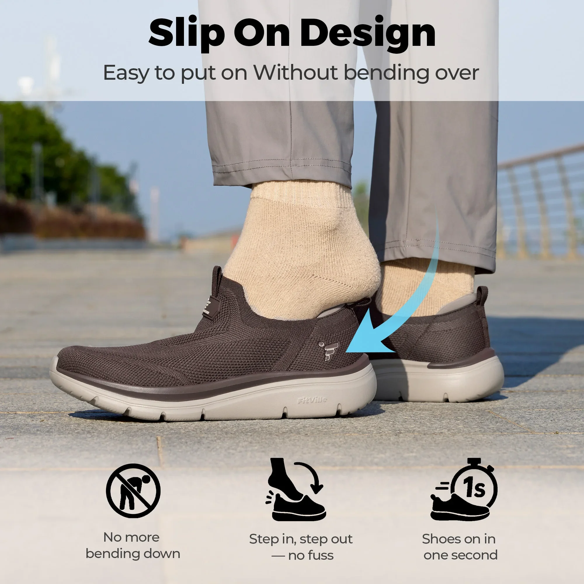 Fitington Herren-Wanderschuhe mit breiter Zehenbox, Slip-On-Freizeitschuhe, bequem, atmungsaktiv, dicke Sohle, Sneaker, Fußgewölbeunterstützung, für breite Füße – Detail 4