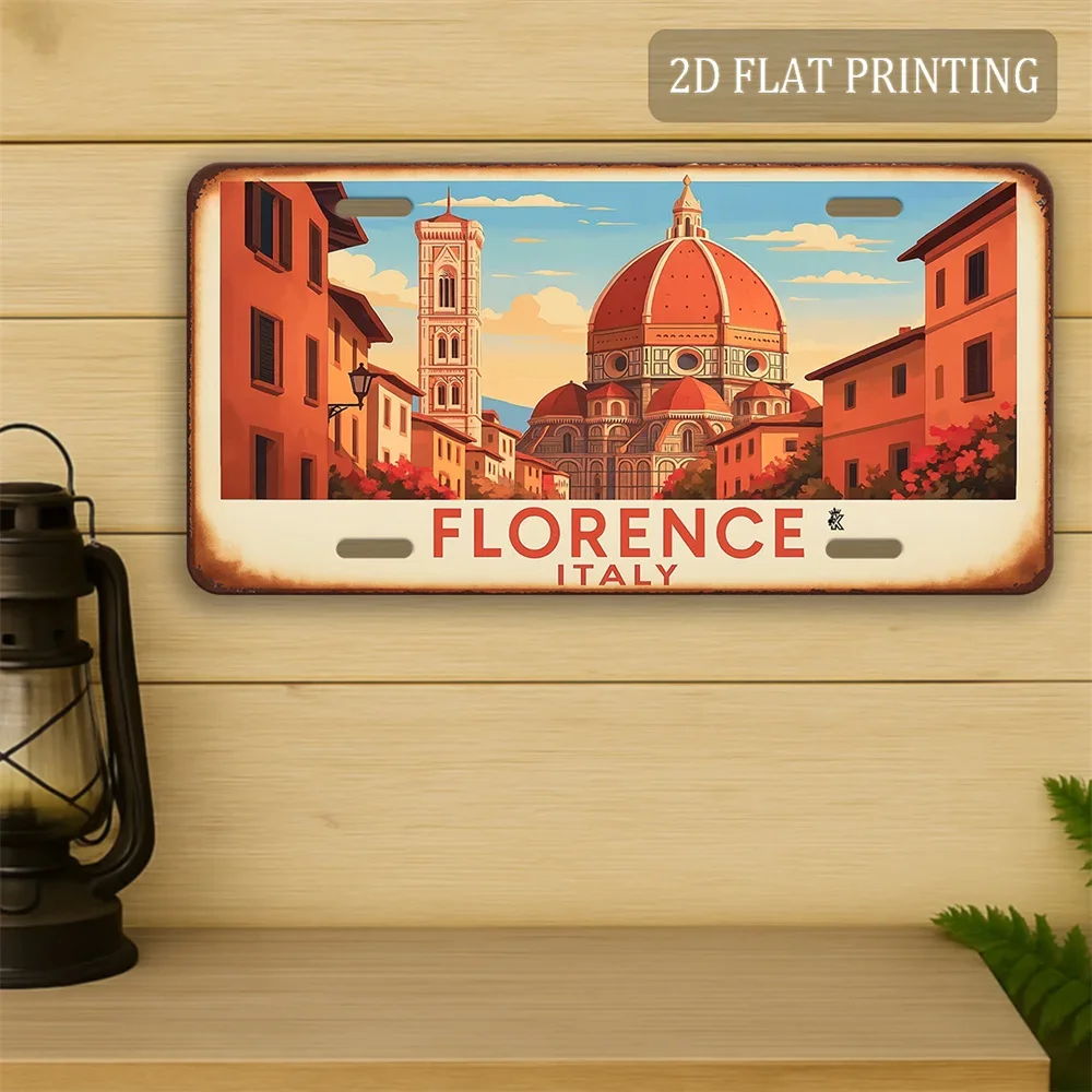 2D Flat, 1pc Florence Italy Aluminum Plate, Cathedral Street Scene Retro Metal Sign with Aged Texture, Outdoor Wall Decoration
