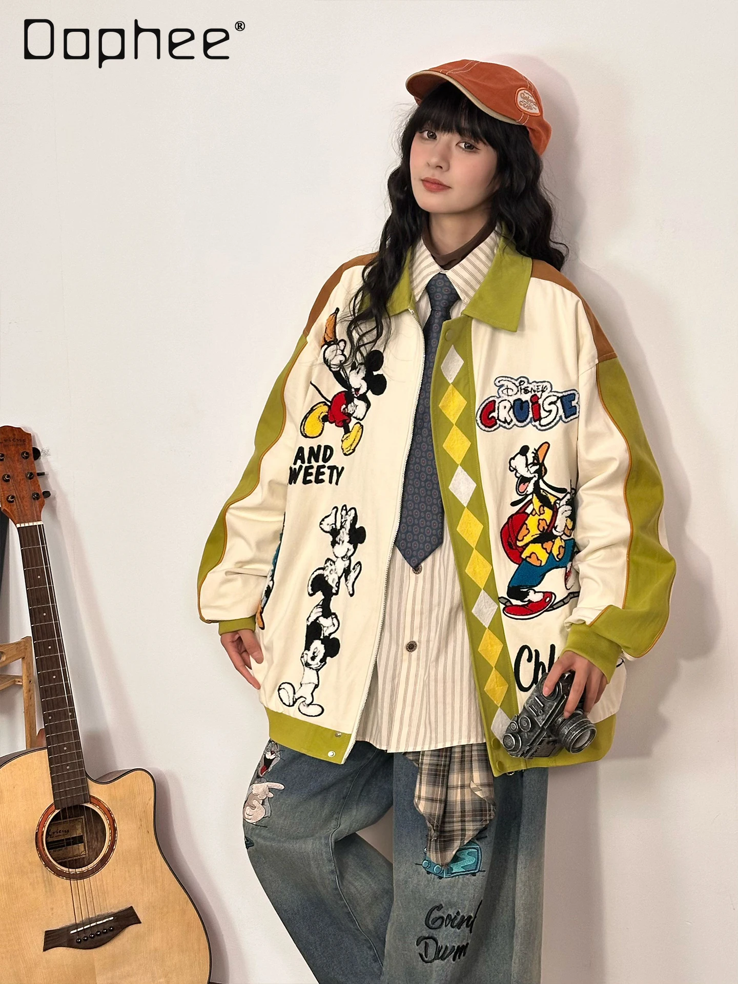 

American Retro Cartoon Embroidery Color-Block Turn-Down Collar Jacket for Women Autumn Winter Loose Casual Long Sleeve Top