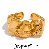 Yhpup New Stainless Steel Creative Metal Wide Ring for Women Gold Color Texture Temperament Jewelry Waterproof Accessories