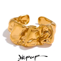 Yhpup New Stainless Steel Creative Metal Wide Ring for Women Gold Color Texture Temperament Jewelry Waterproof Accessories
