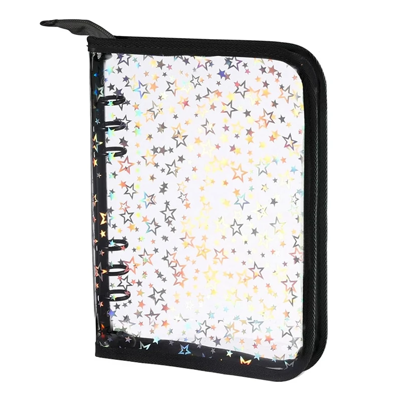 HOT-A5 Budget Binder Cover With Zipper, Glitter Stars A5 6 Ring Binder Planner, Clear PVC Refillable Notebook Shell