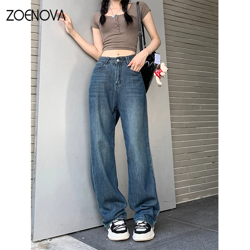 ZOENOVA Maillard 2024 Spring Autumn Fashion Simple Women\'s Jeans Casual Retro Loose Straight Wide Leg Pants Floor Mopping Jean