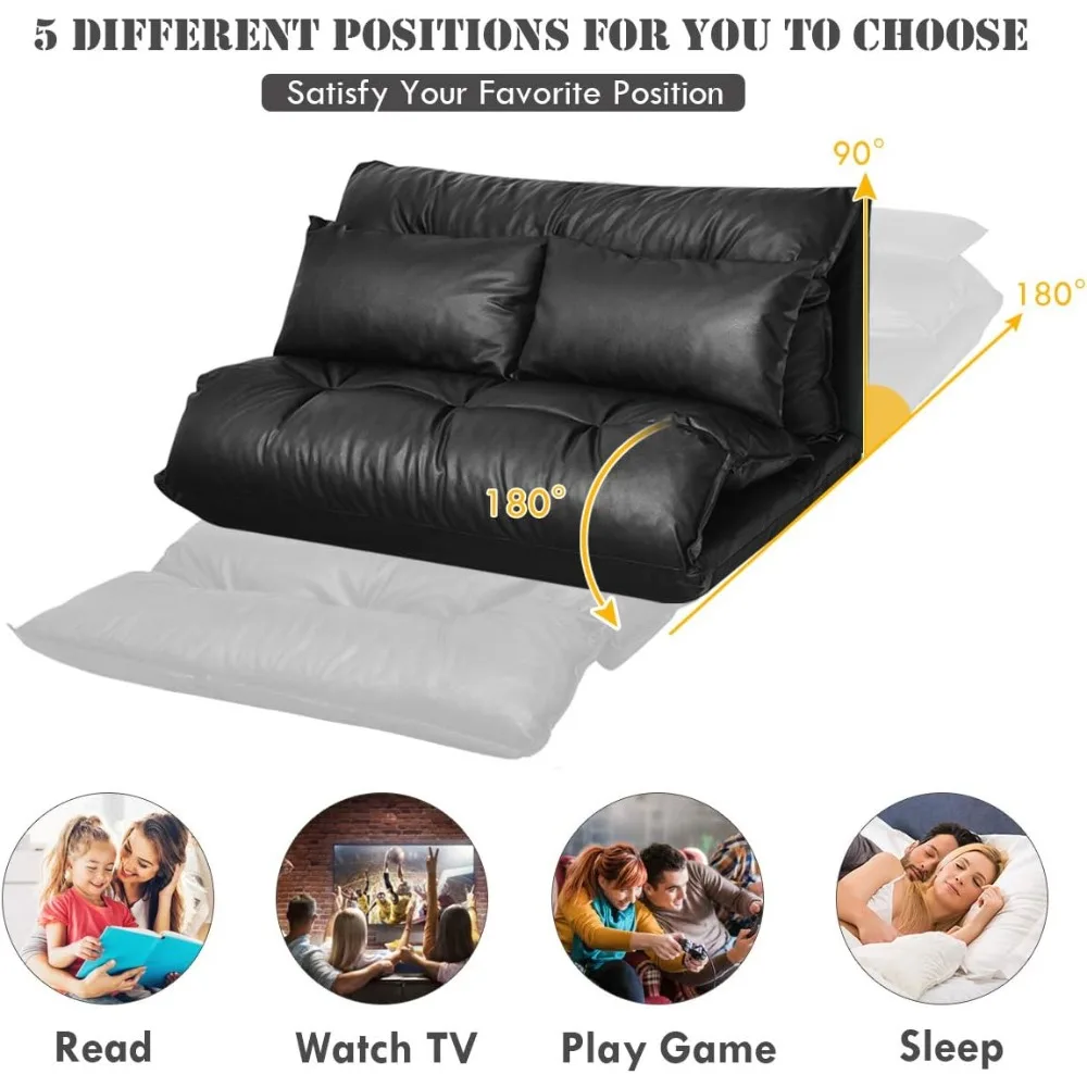 Convertible Sofa Bed, Floor Couch with 2 Pillows, PU Leather Loveseat Recliner, Folding Lazy Sleeper Sofa, 5 Position, Video