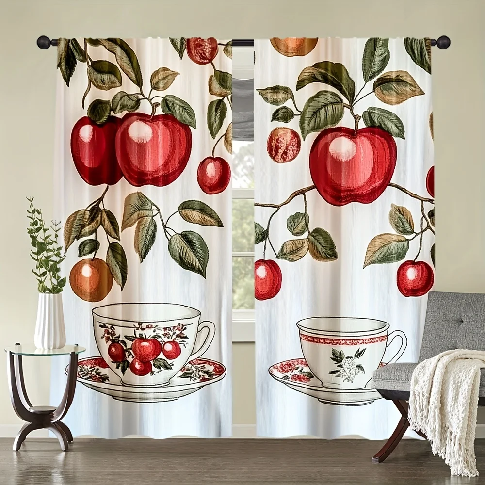 Apple & Teapot Pattern Rod Pocket Window Curtains - Popular Nature Room Decor for Bedroom Living Room Kitchen Set of 2 Panels