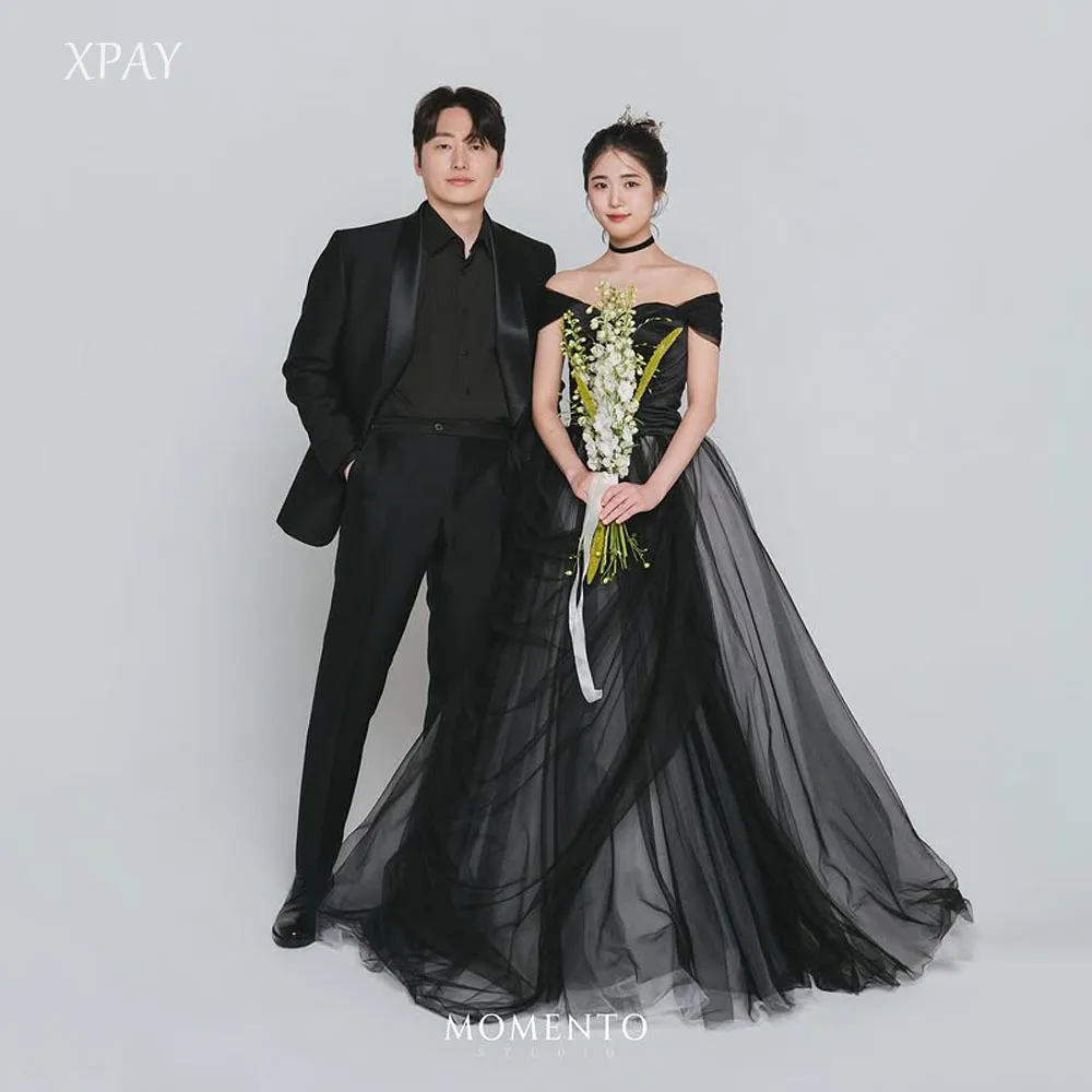 

XPAY Modern Detachable Shoulder Tulle A Line Long Prom Dresses Top Satin Photo shoot Evening Gowns Formal Occasion Wedding Party
