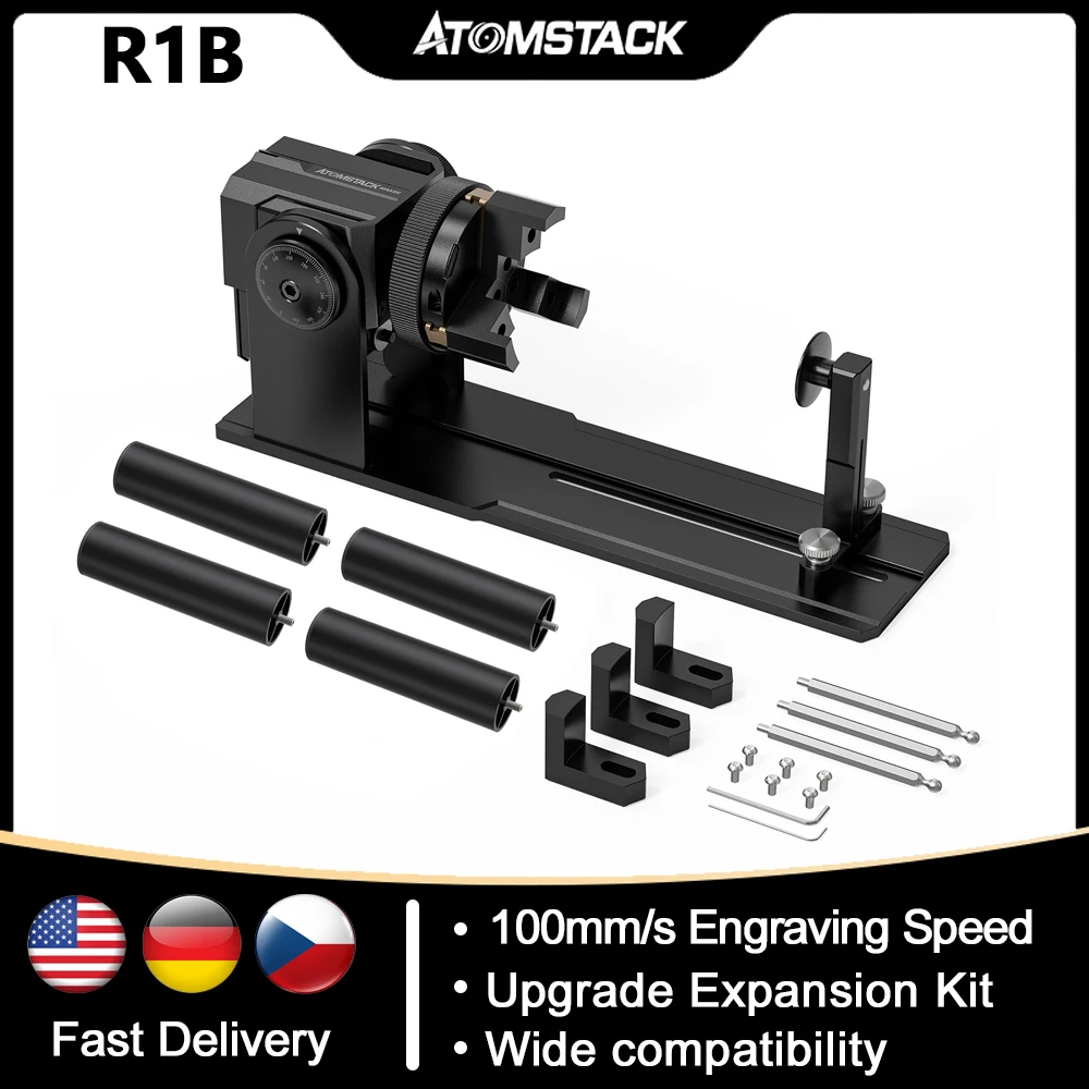 AtomStack Maker R1-B Rotary Roller Laser Engraver Y-axis Chuck Jaw 360° Rotary for Cylindrical Objects Rings and Irregular Item