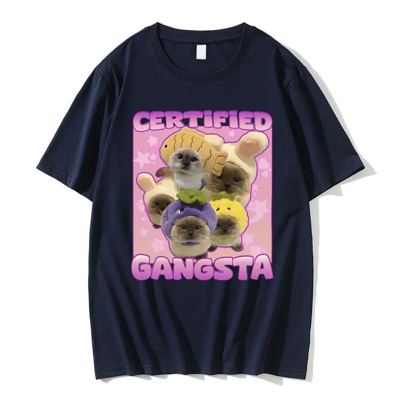 Certified Gangsta Funny Cat Meme T-shirt Men Women Oversized Crewneck T Shirts Men Casual Harajuku Short Sleeve Cats Lover Tees