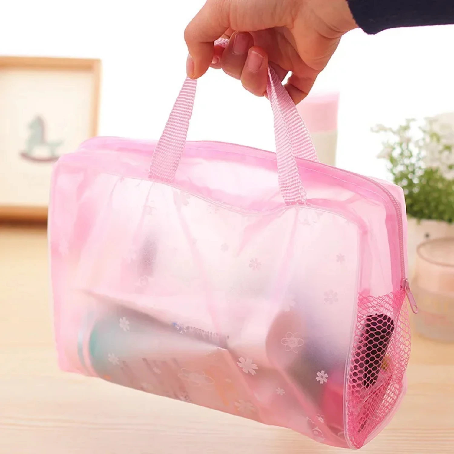 Waterproof Transparent Women's Floral PVC Cosmetic Bag for Creative Outing, Compressed Shower Kit