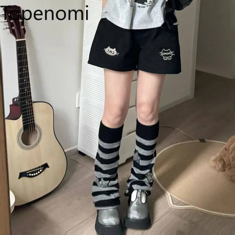 

Topenomi японские шорты с мультяшным принтом кота, женские милые повседневные спортивные шорты с высокой талией, летние ретро Y2k, эстетичная уличная одежда