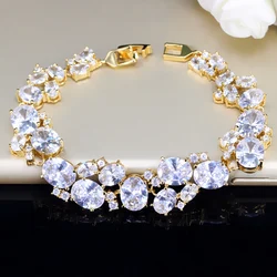 ThreeGraces Shiny Cubic Zirconia Gold Color Luxury Round CZ Tennis Link Chain Bracelet for Women Wedding Bridal Jewelry BR231