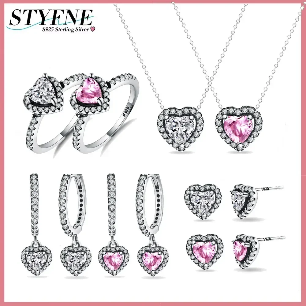 925 sterling silver pink white shiny love diamond jewelry set series pendant ring necklace earrings high jewelry gift