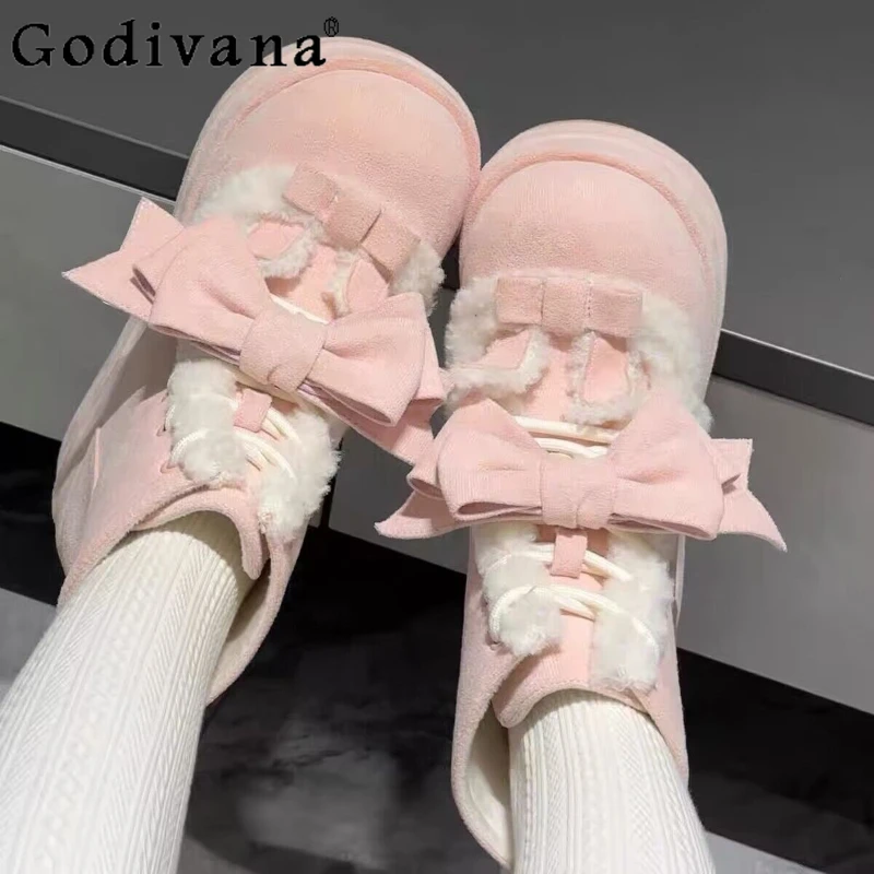 Pink Lolita Snow Boots Bow Velvet Thickening Plush Short Boots Student Kawaii Ankle Boots for Women Y2k Platform Shoes Mujer