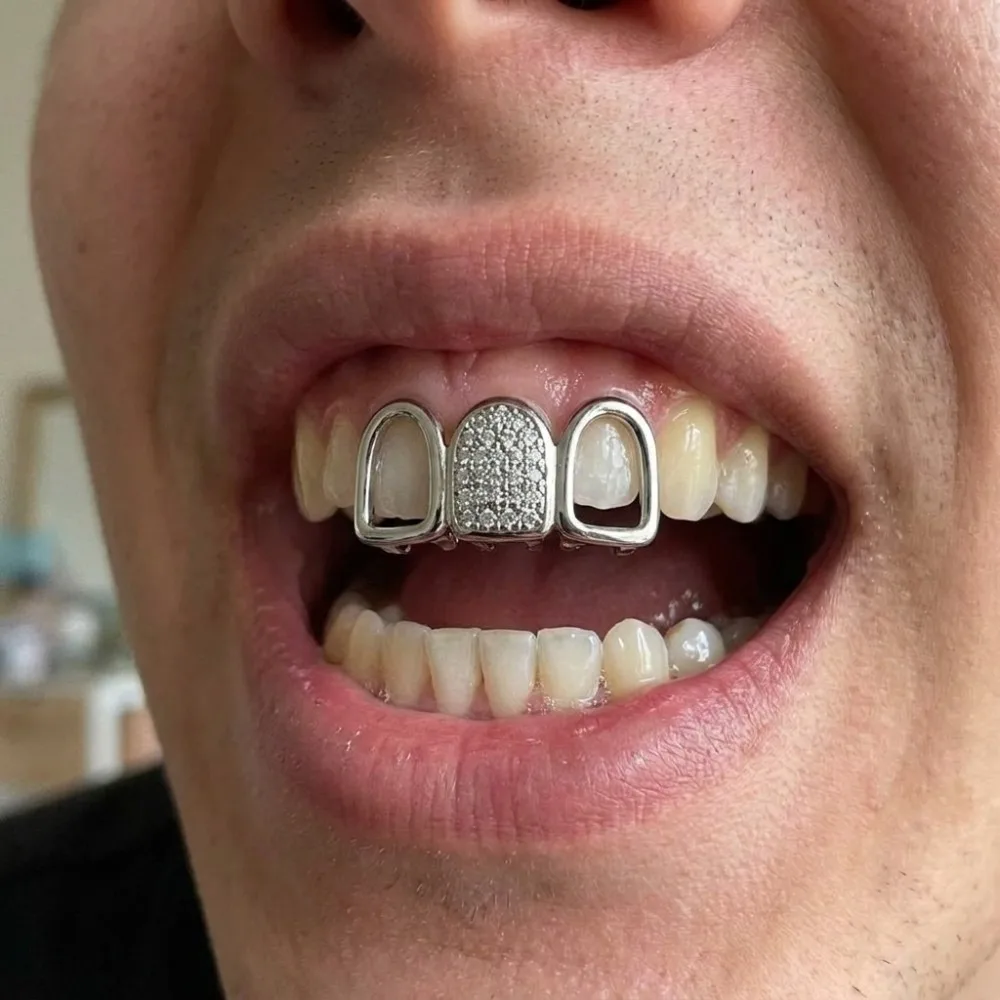 Hip Hop Gold Silver Color Teeth Grillz Alloy CZ Zircon Dental Caps Removable 3 Teeth Body Jewelry Daily Use