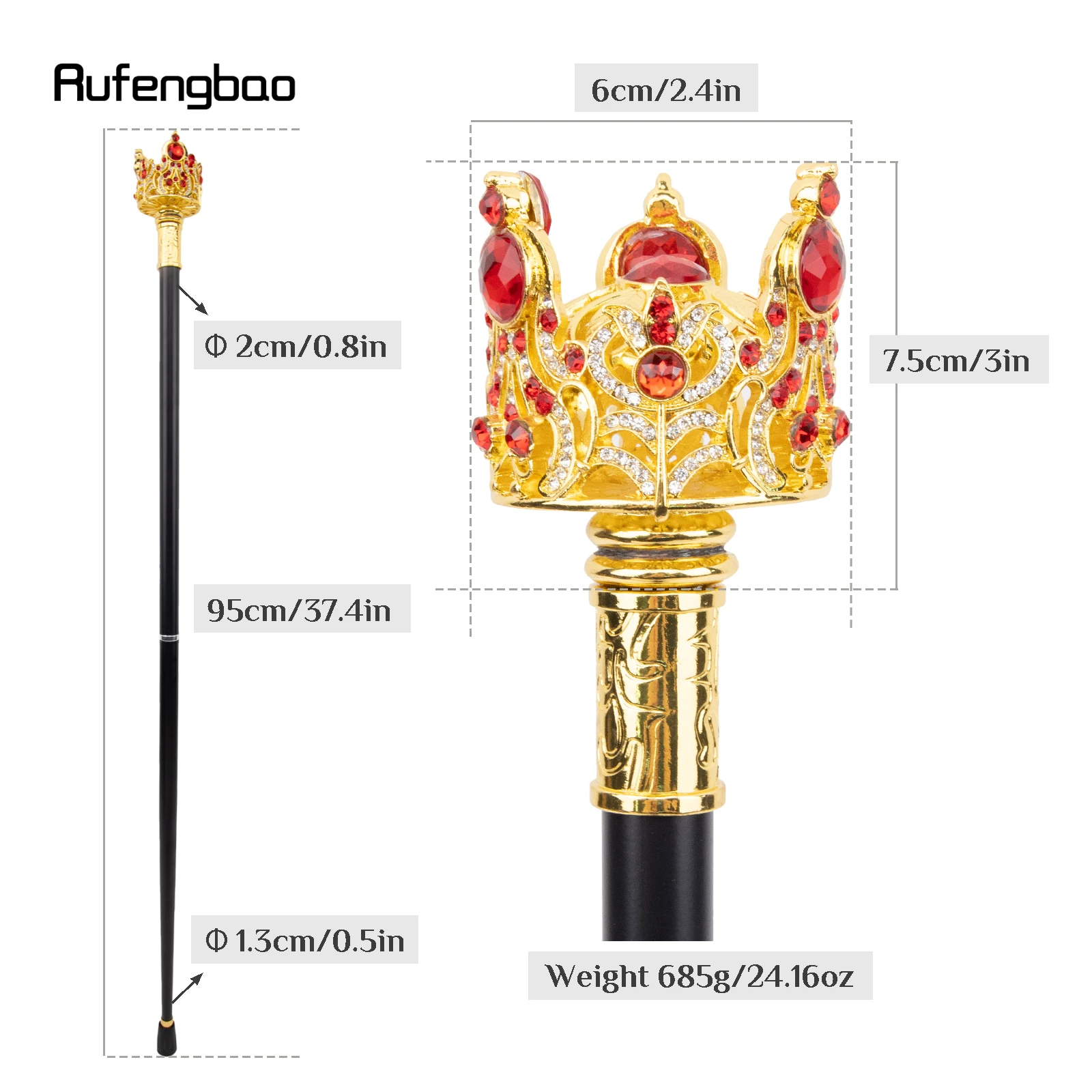 Golden Red Crown Artificial Diamond Walking Cane Fashion Decorative Walking Stick Gentleman Elegant Cosplay Cane Crosier 95cm