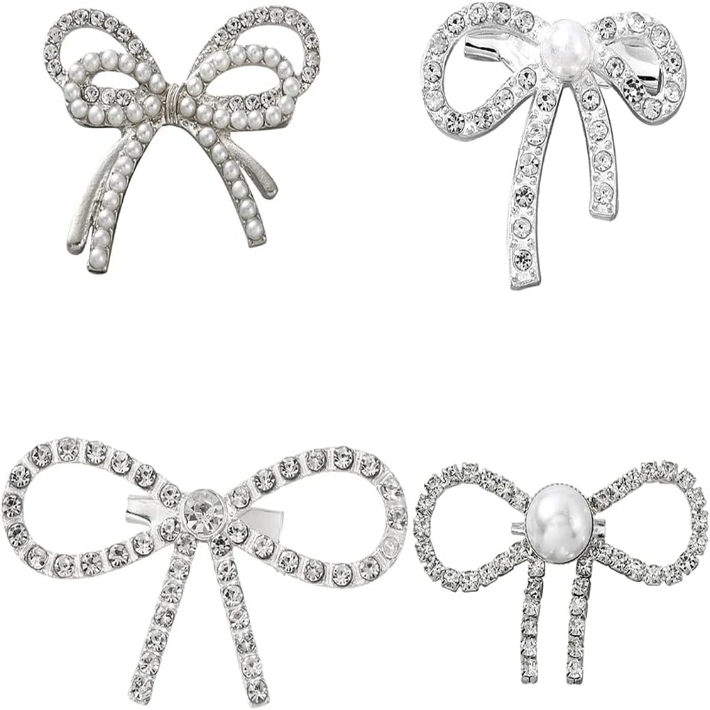 4 Style Rhinestone Bowknot Brooch Pin Silver Rhinestone Brooches Women Bowknot Brooch Pin for Woman Clothes Hats Scarves Bags
