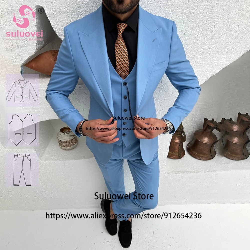 

Fashion Peaked Lapel Suits For Men Slim Fit 3 Piece Pants Set Groom Wedding Dinner Party Prom Tuxedo Trajes Elegante Para Hombre