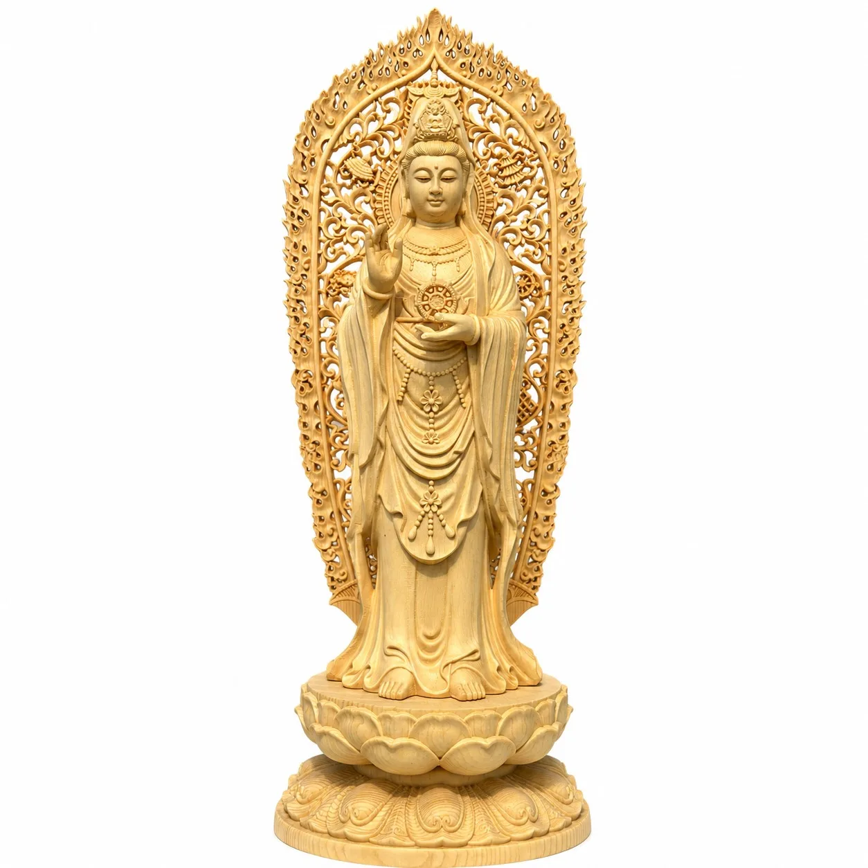 Hand Carved Hinoki Wood Nanhai Guanyin Bodhisattva Statue for Traditional Buddhist Zen Home Living Room Decor Gift