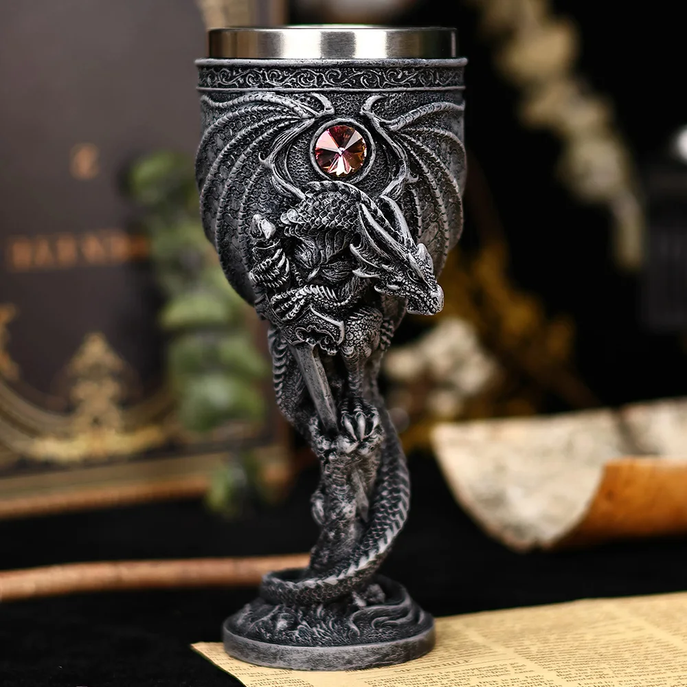 Silver Sword Dragon Wine Glass Medieval Resin Stainless Steel Goblet Chalice Cocktail Glasses Whiskey Cup Champagne Cups Barware