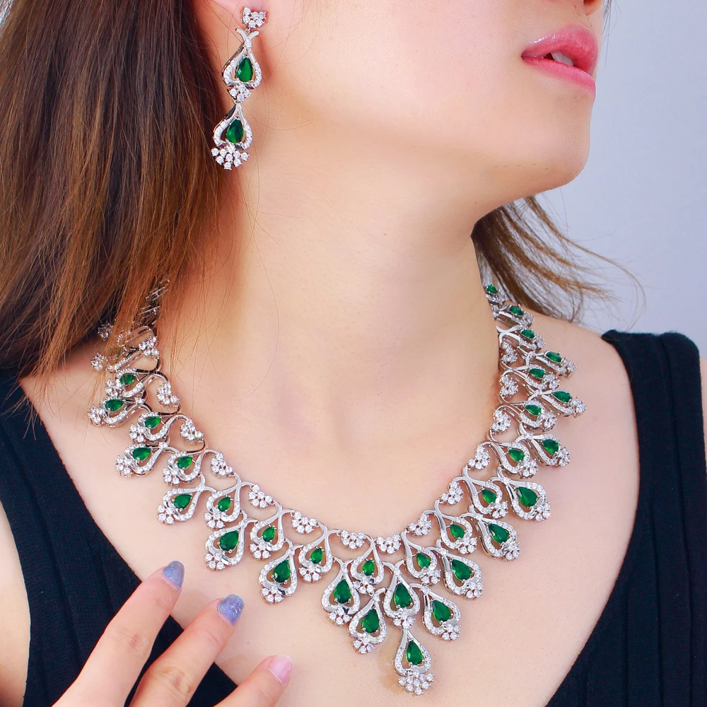 Pera Gorgeous Green Cubic Zirconia Bridal Jewelry Sets Long Pendant Necklace Earrings for Women Wedding Dress Accessories J509