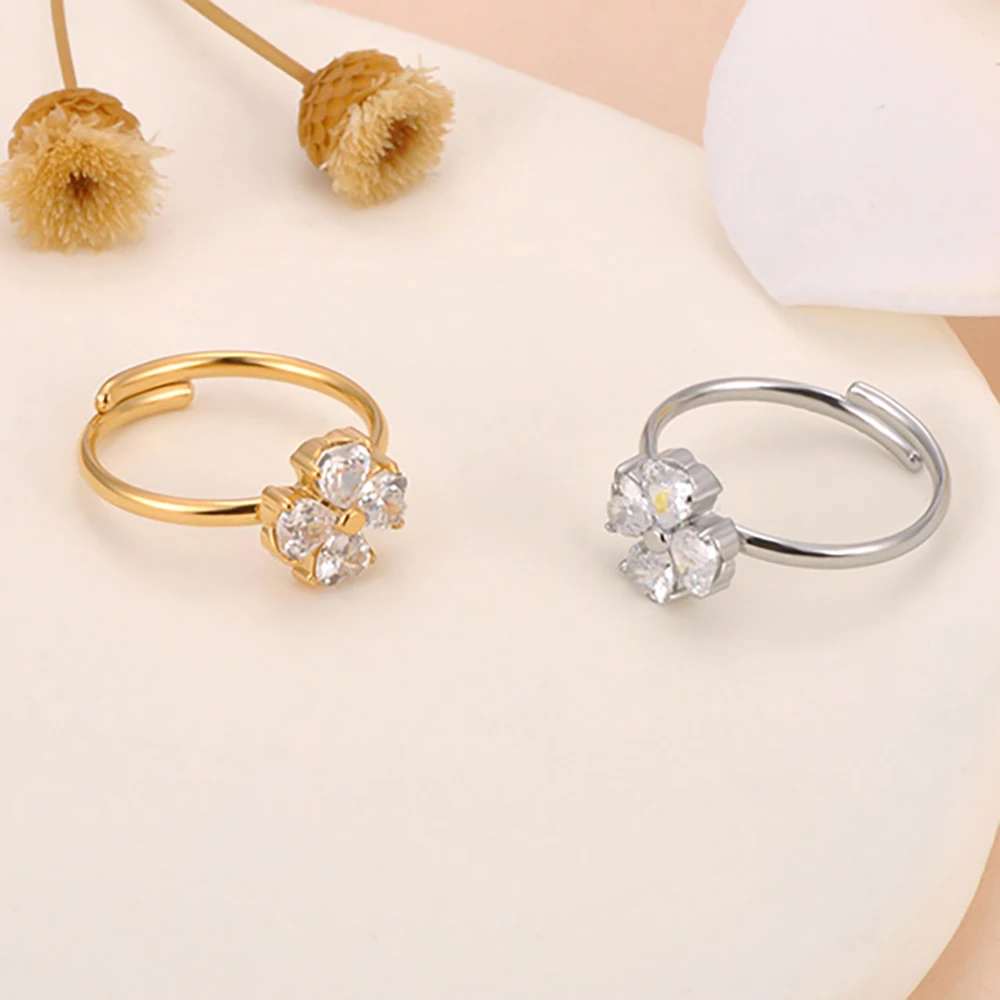 Mode Liebe Herz Vierblättriges Kleeblatt Ringe Beliebte 316l Edelstahl AAA Kubikzircon Frauen Schmuck Einstellbare Größe