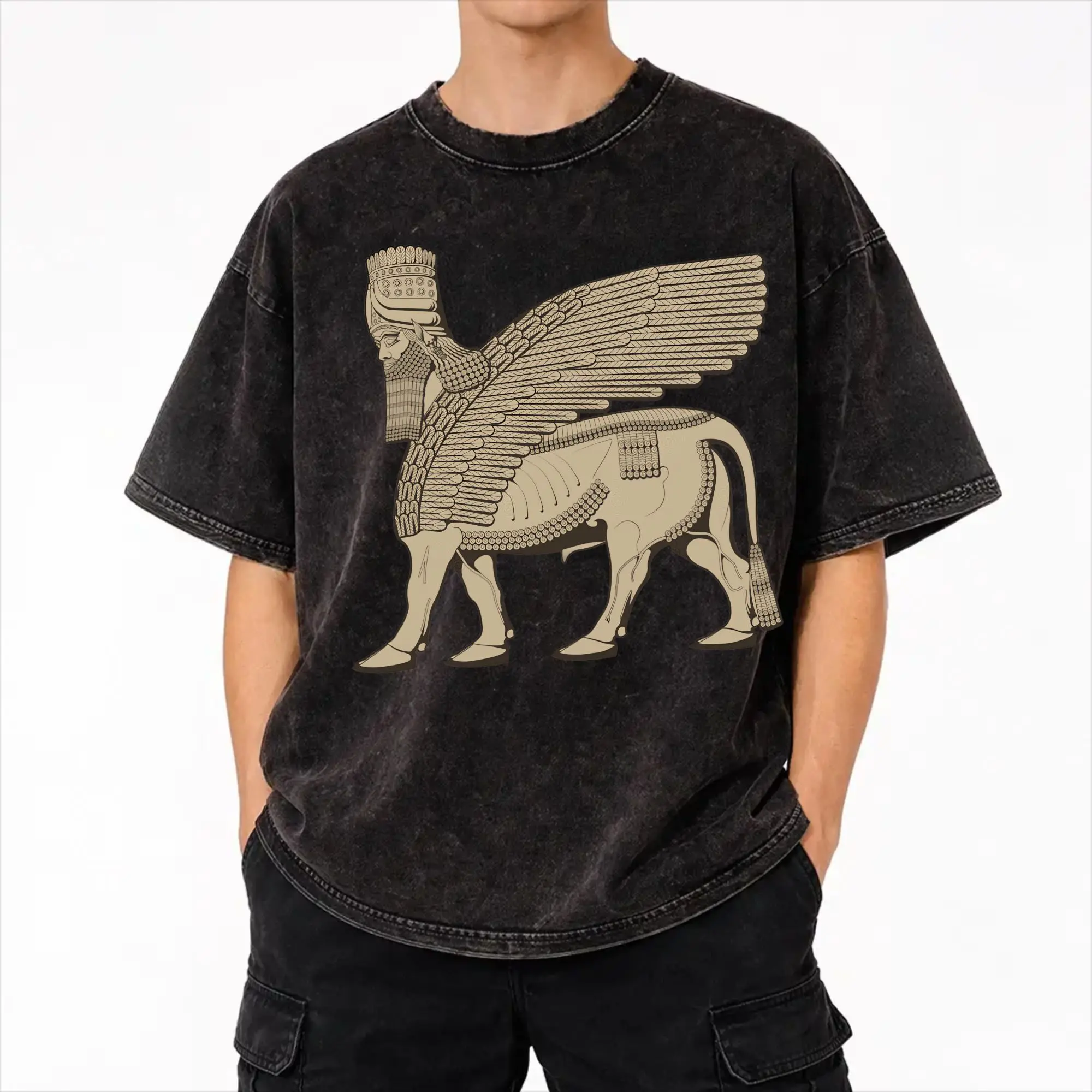 Lamassu Winged Bull Assyrian  Washed T Shirt Streetwear Hip Hop Casual T-Shirt  Tees Men Women Short Sleeve Harajuku
