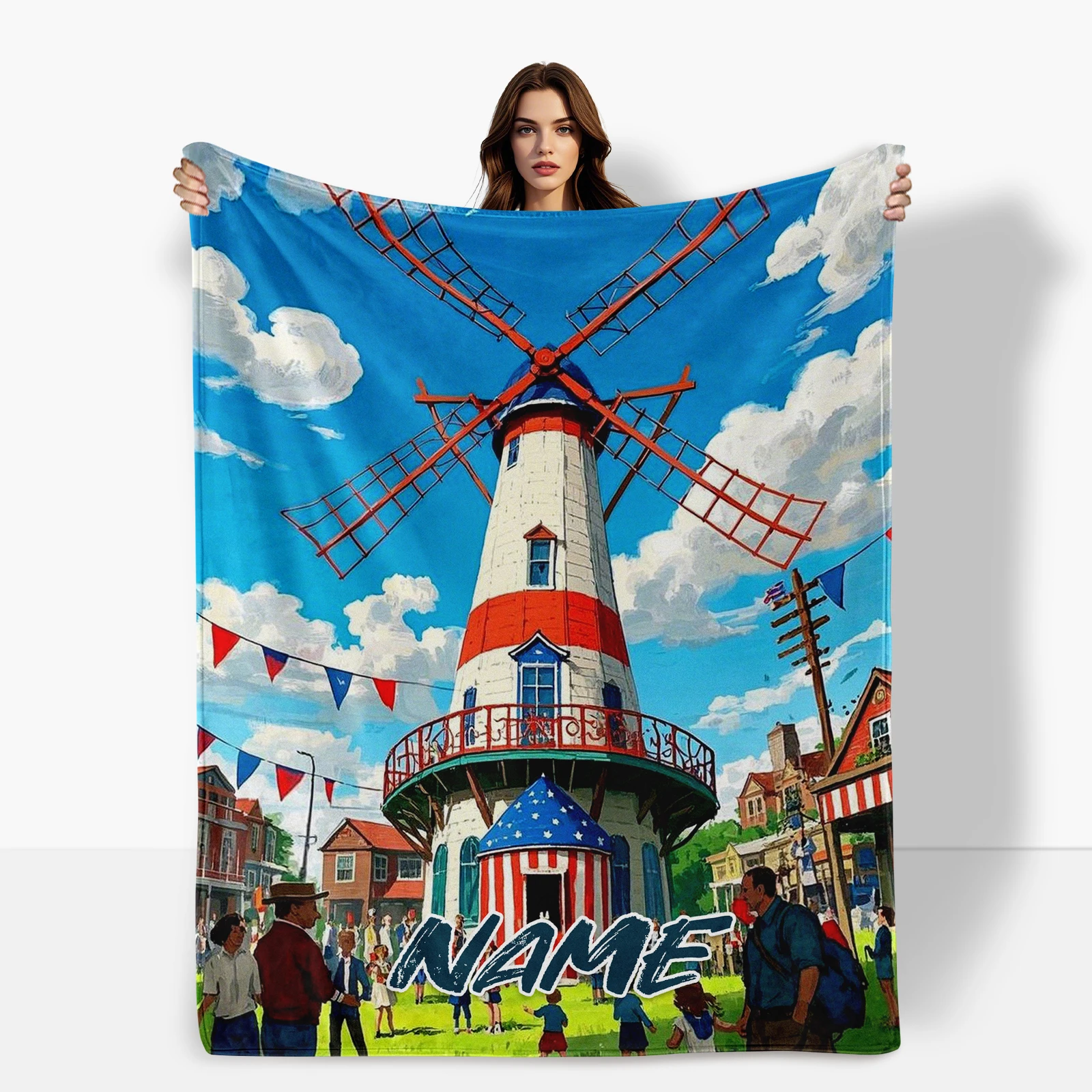 Special Flannel Blanket With American Flag And Cartoon Windmill Design Personalize With Names For Loved Ones