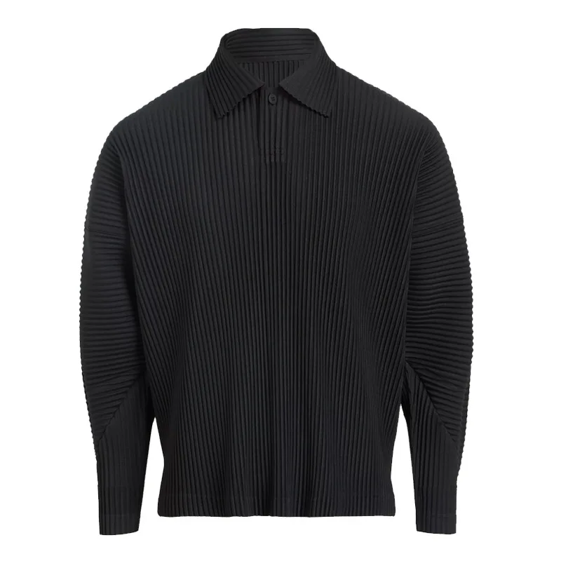 Miyake Pleated Polo Shirt Men's Solid Color 2025 Spring and Summer New Loose Casual Lapel Long-sleeved Shirt Business Casual