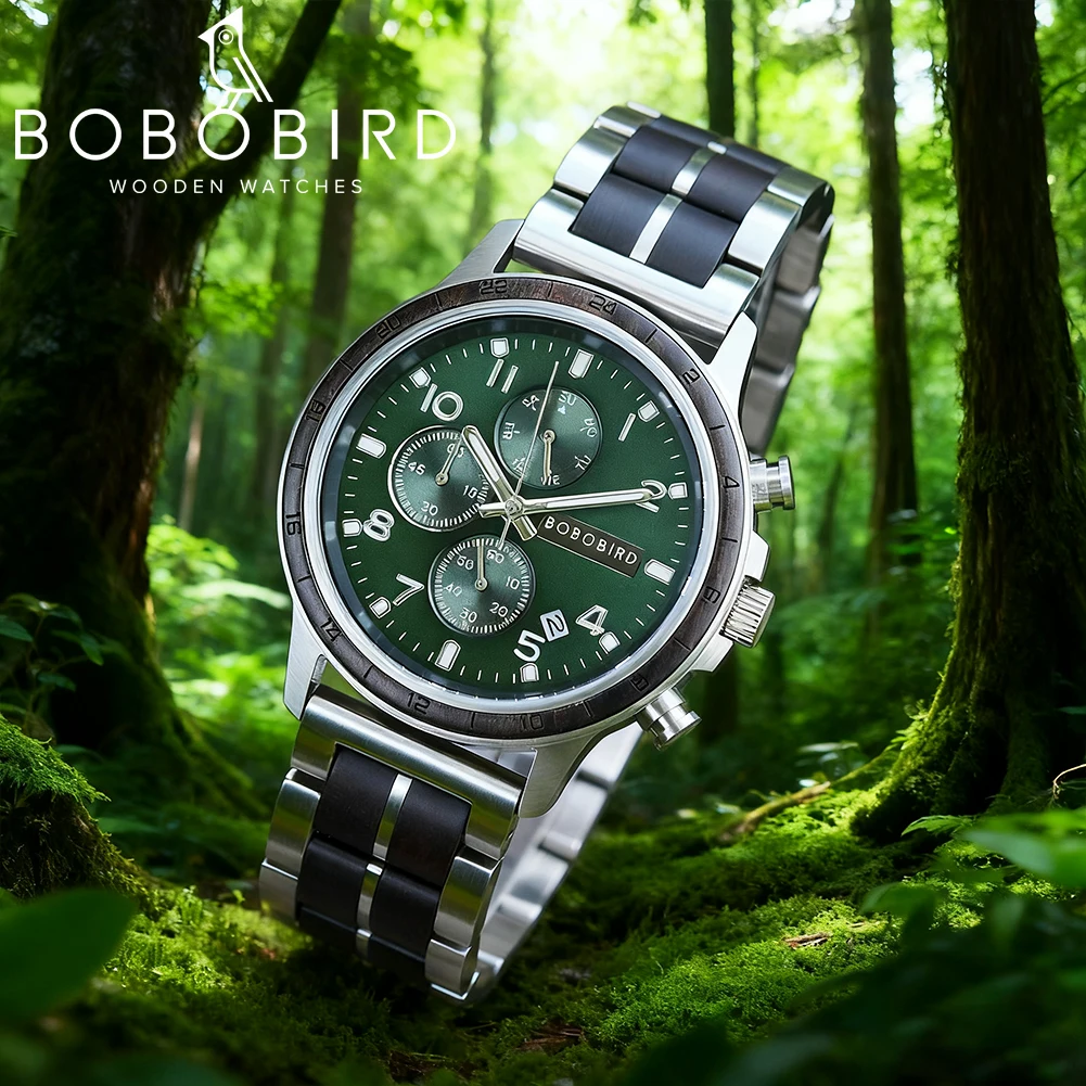 ﻿   BOBO BIRD Jam Tangan Pria Kayu Ebony & Baja Tahan Karat Jam Tangan Gerakan Kuarsa Kasual Bisnis Hadiah Nama Kustom Untuk Keluarga